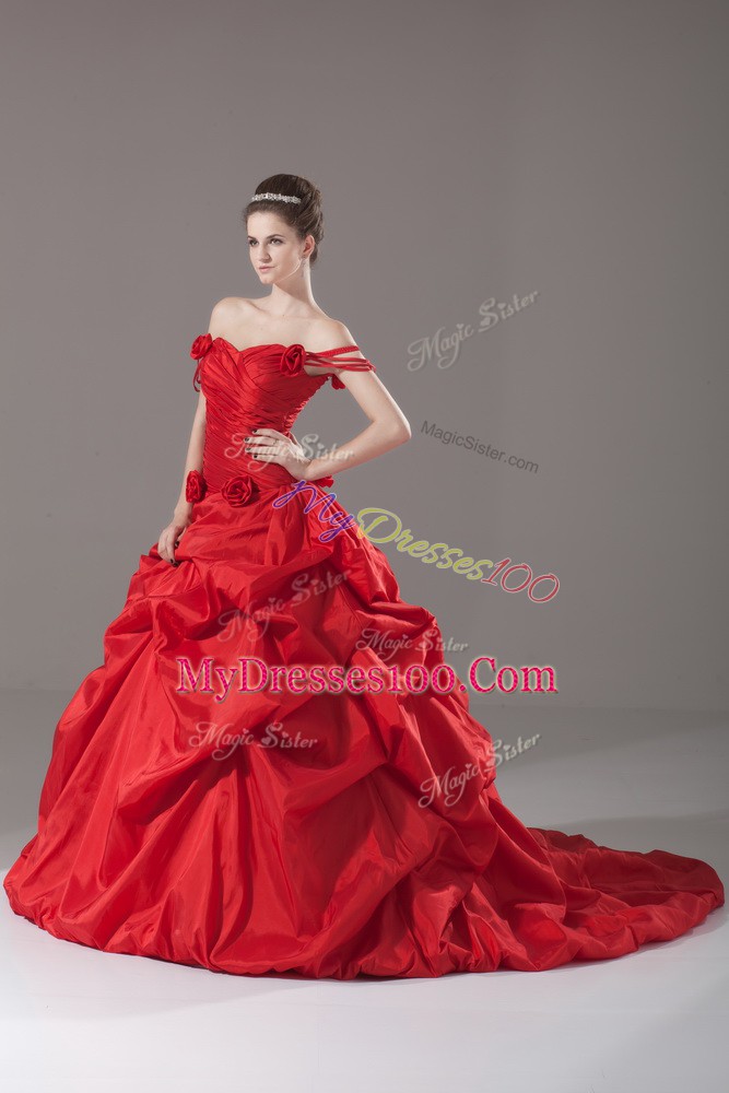 Sleeveless Ruching and Pick Ups and Hand Made Flower Lace Up Sweet 16 Quinceanera Dress with Red Brush Train