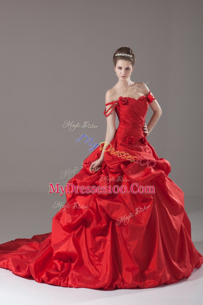 Sleeveless Ruching and Pick Ups and Hand Made Flower Lace Up Sweet 16 Quinceanera Dress with Red Brush Train