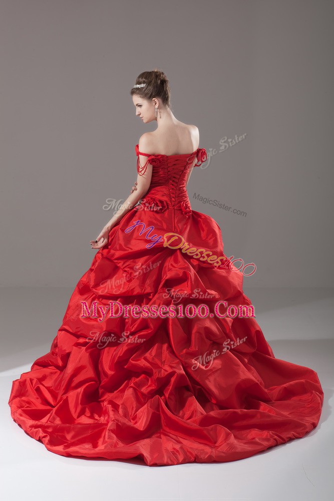 Sleeveless Ruching and Pick Ups and Hand Made Flower Lace Up Sweet 16 Quinceanera Dress with Red Brush Train