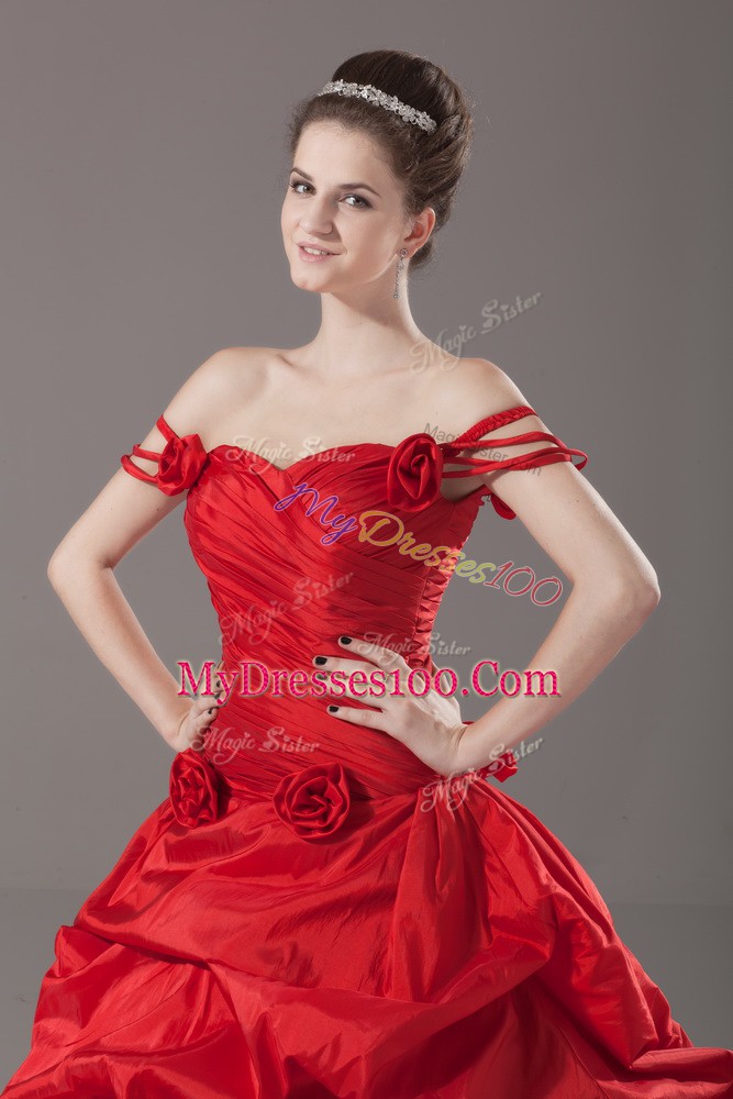 Sleeveless Ruching and Pick Ups and Hand Made Flower Lace Up Sweet 16 Quinceanera Dress with Red Brush Train