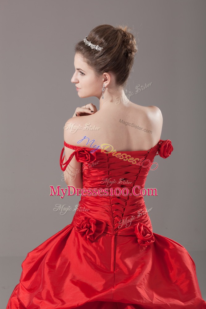 Sleeveless Ruching and Pick Ups and Hand Made Flower Lace Up Sweet 16 Quinceanera Dress with Red Brush Train