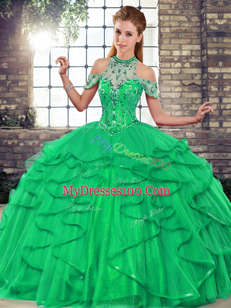 Green Sleeveless Beading and Ruffles Floor Length Quinceanera Gown