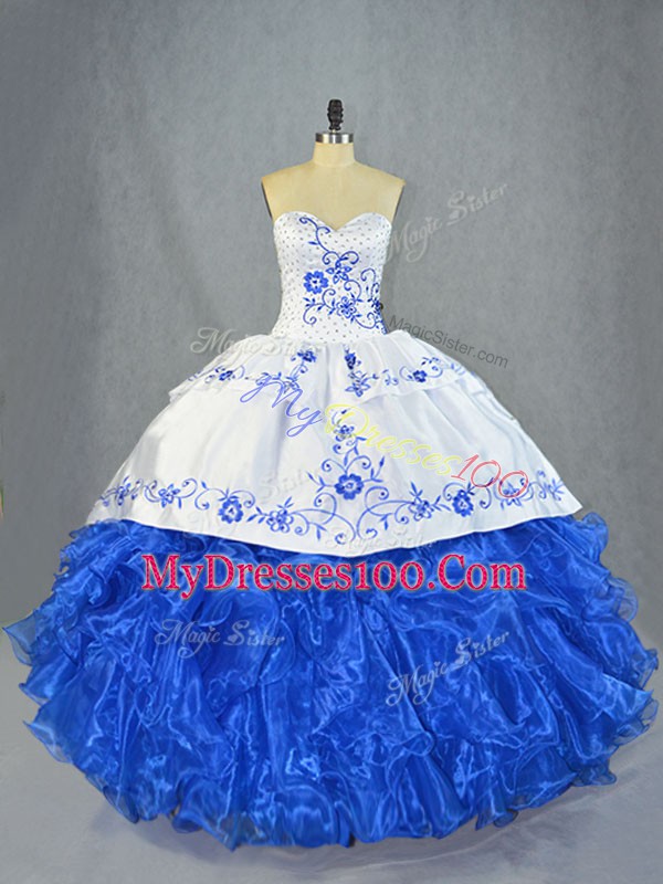 Affordable Blue And White Sweetheart Neckline Beading and Embroidery and Ruffles Quinceanera Gowns Sleeveless Lace Up