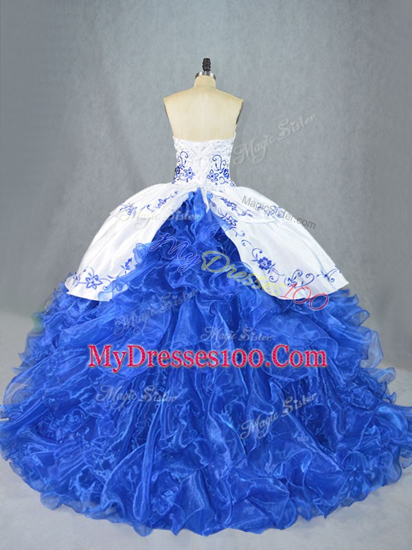 Affordable Blue And White Sweetheart Neckline Beading and Embroidery and Ruffles Quinceanera Gowns Sleeveless Lace Up