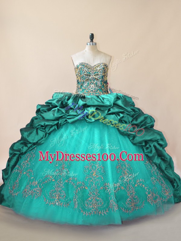 Romantic Lace Up Quince Ball Gowns Turquoise for Sweet 16 and Quinceanera with Beading and Pick Ups Brush Train