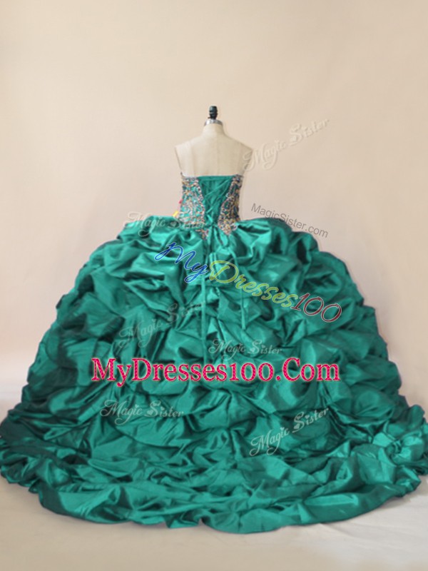 Romantic Lace Up Quince Ball Gowns Turquoise for Sweet 16 and Quinceanera with Beading and Pick Ups Brush Train