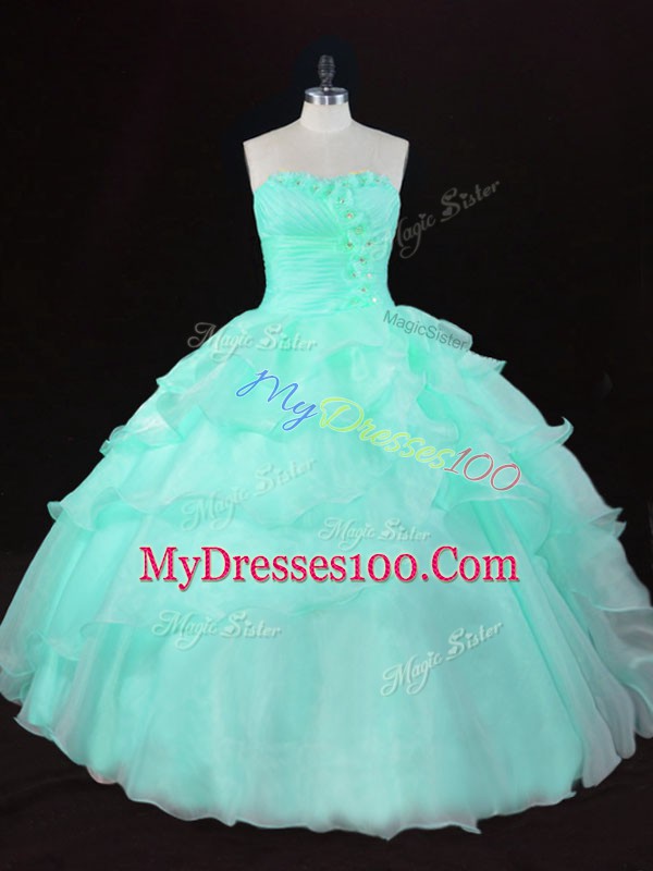 Luxury Apple Green Organza Lace Up Quinceanera Dresses Sleeveless Floor Length Ruffles and Hand Made Flower
