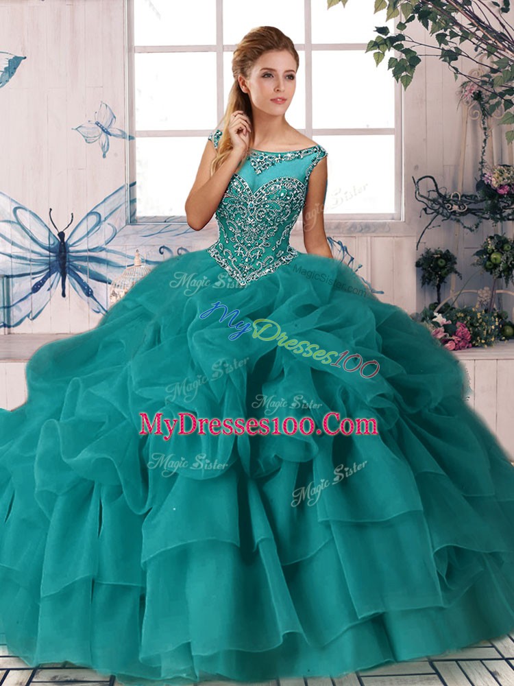 Teal Sleeveless Brush Train Beading and Pick Ups Quinceanera Dress