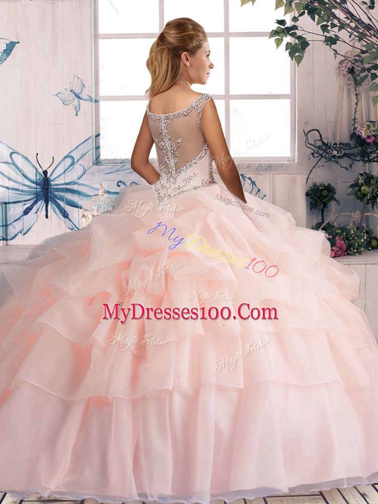 Teal Sleeveless Brush Train Beading and Pick Ups Quinceanera Dress