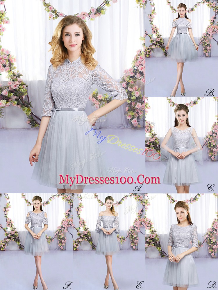 Custom Design High-neck Half Sleeves Zipper Bridesmaids Dress Grey Tulle