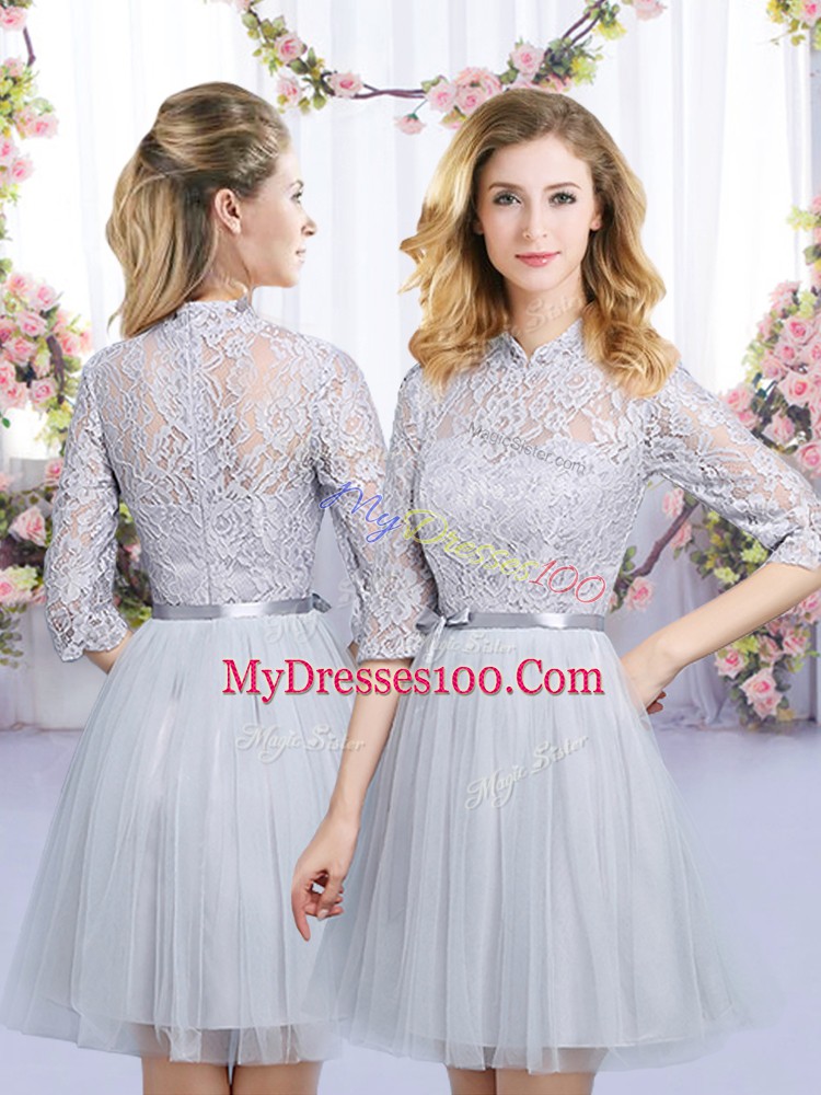 Custom Design High-neck Half Sleeves Zipper Bridesmaids Dress Grey Tulle