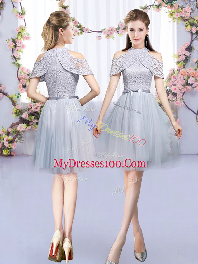 Custom Design High-neck Half Sleeves Zipper Bridesmaids Dress Grey Tulle