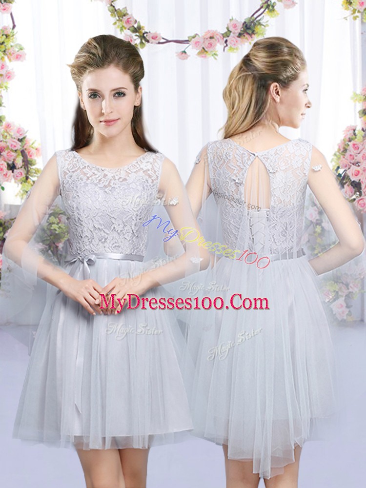 Custom Design High-neck Half Sleeves Zipper Bridesmaids Dress Grey Tulle