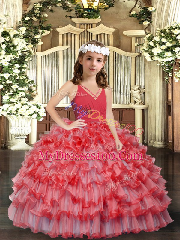 Sleeveless Organza Floor Length Zipper Child Pageant Dress in Coral Red with Ruffles and Ruffled Layers