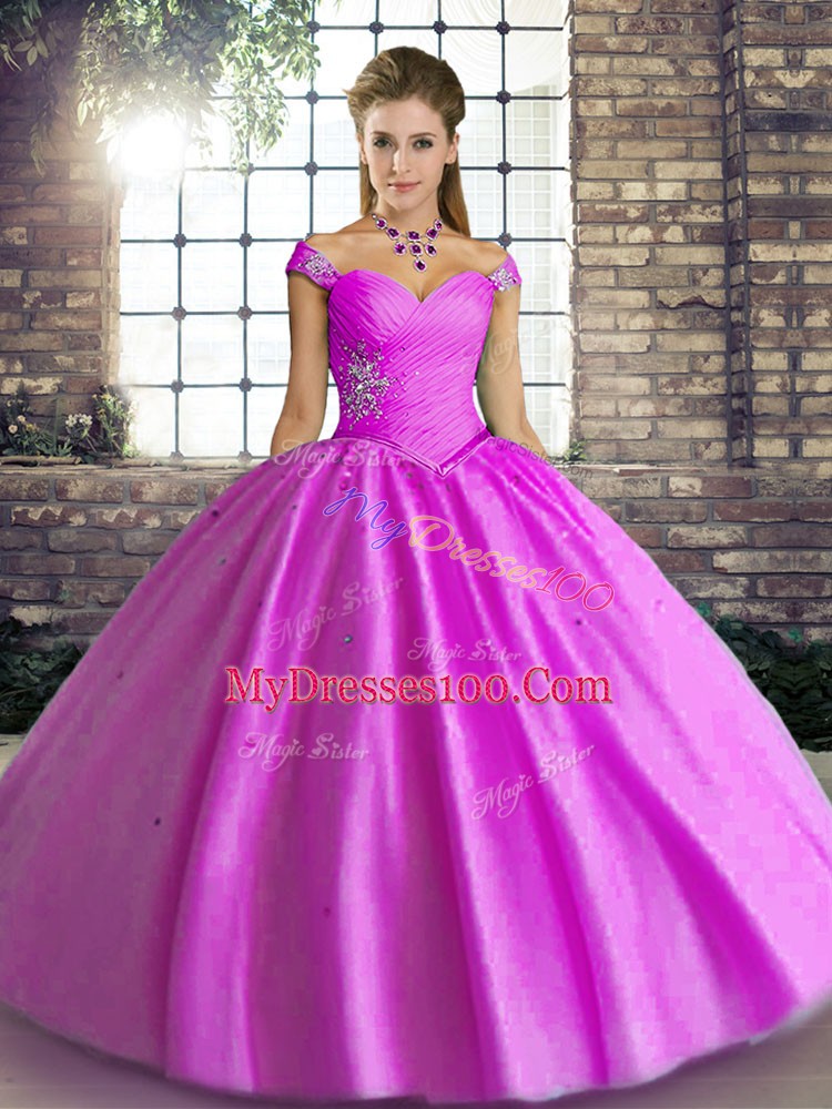 Latest Lilac Off The Shoulder Neckline Beading Quinceanera Dress Sleeveless Lace Up