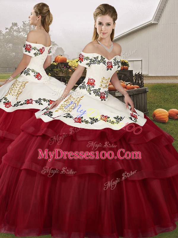 Wine Red Lace Up Off The Shoulder Embroidery and Ruffled Layers Sweet 16 Dresses Tulle Sleeveless Brush Train