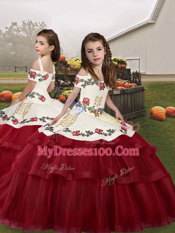 Wine Red Lace Up Off The Shoulder Embroidery and Ruffled Layers Sweet 16 Dresses Tulle Sleeveless Brush Train