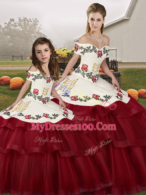 Wine Red Lace Up Off The Shoulder Embroidery and Ruffled Layers Sweet 16 Dresses Tulle Sleeveless Brush Train