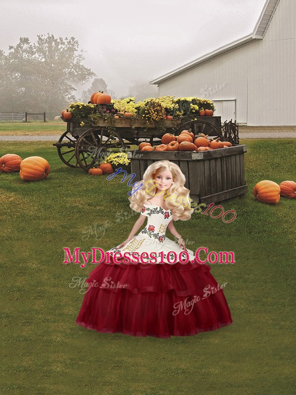 Wine Red Lace Up Off The Shoulder Embroidery and Ruffled Layers Sweet 16 Dresses Tulle Sleeveless Brush Train