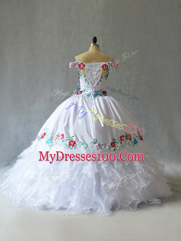 Beauteous Floor Length White Quinceanera Dress Off The Shoulder Sleeveless Lace Up