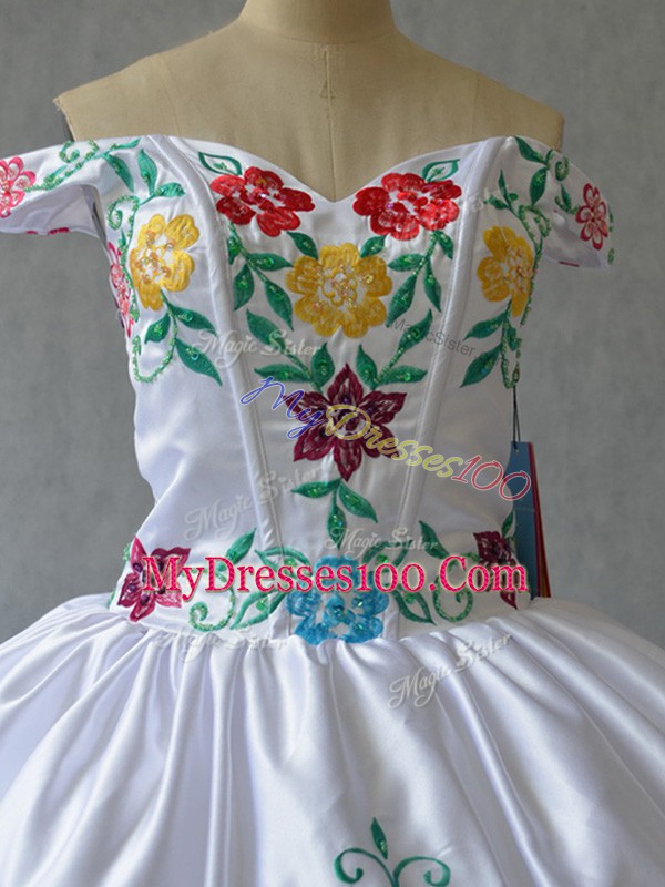 Beauteous Floor Length White Quinceanera Dress Off The Shoulder Sleeveless Lace Up