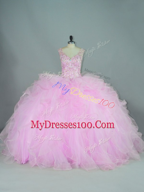 Lilac Tulle Lace Up V-neck Sleeveless 15 Quinceanera Dress Brush Train Beading and Ruffles