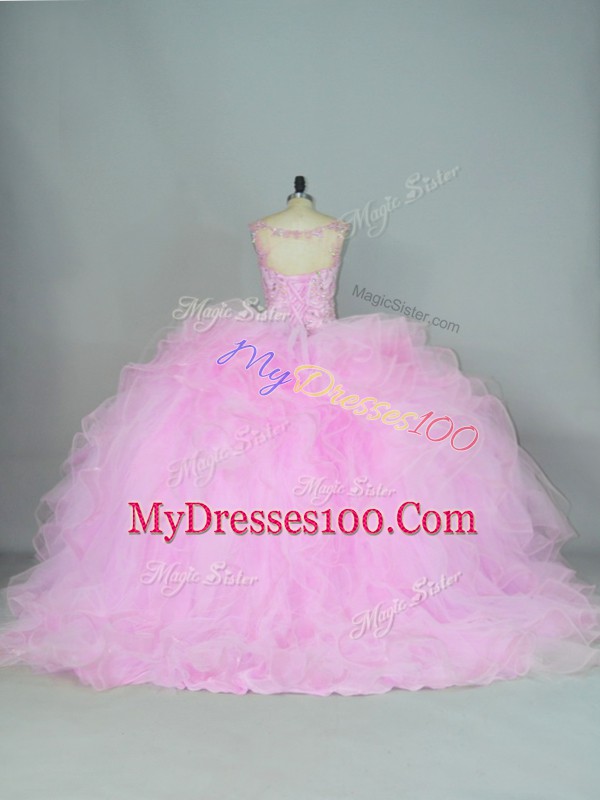Lilac Tulle Lace Up V-neck Sleeveless 15 Quinceanera Dress Brush Train Beading and Ruffles