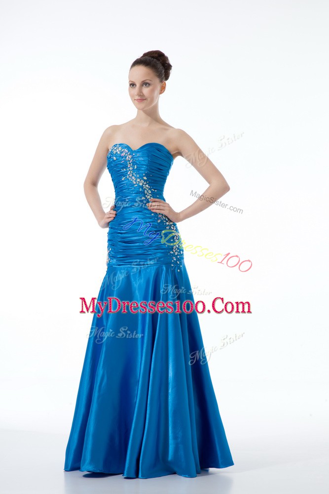 Blue Zipper Prom Gown Beading and Ruching Sleeveless Floor Length