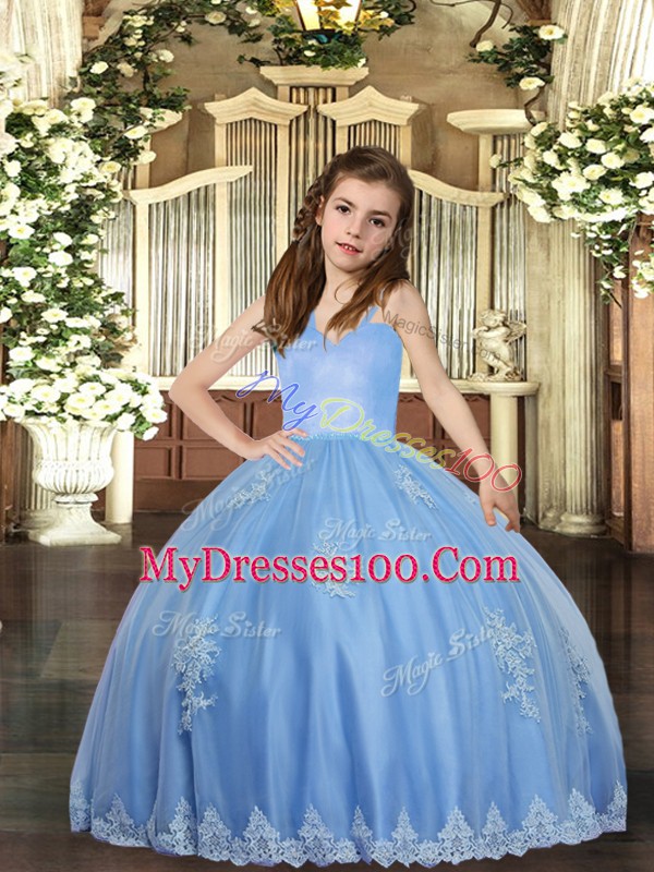 Baby Blue Tulle Lace Up Straps Sleeveless Floor Length Pageant Dresses Appliques