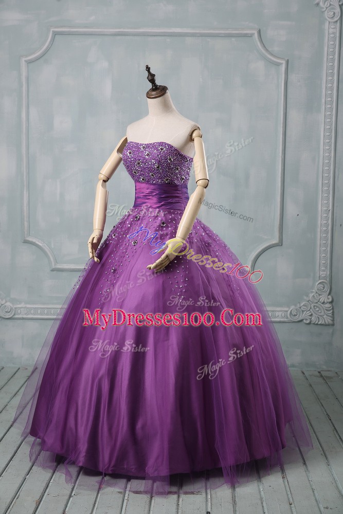 Super Eggplant Purple and Purple Sleeveless Beading Floor Length Sweet 16 Quinceanera Dress