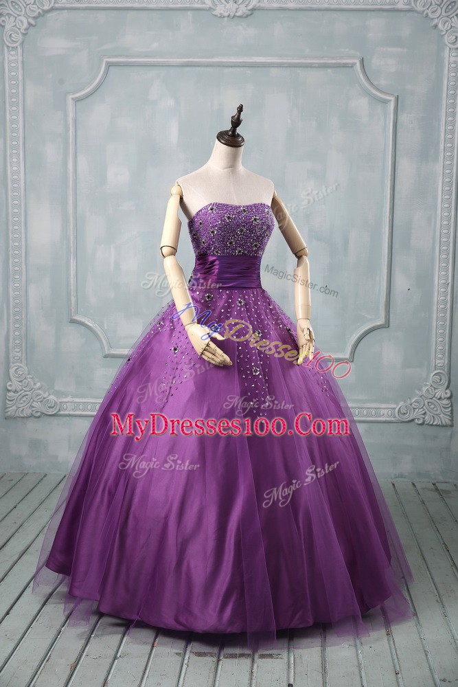 Super Eggplant Purple and Purple Sleeveless Beading Floor Length Sweet 16 Quinceanera Dress