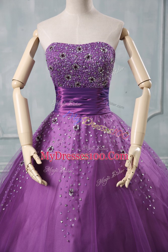 Super Eggplant Purple and Purple Sleeveless Beading Floor Length Sweet 16 Quinceanera Dress