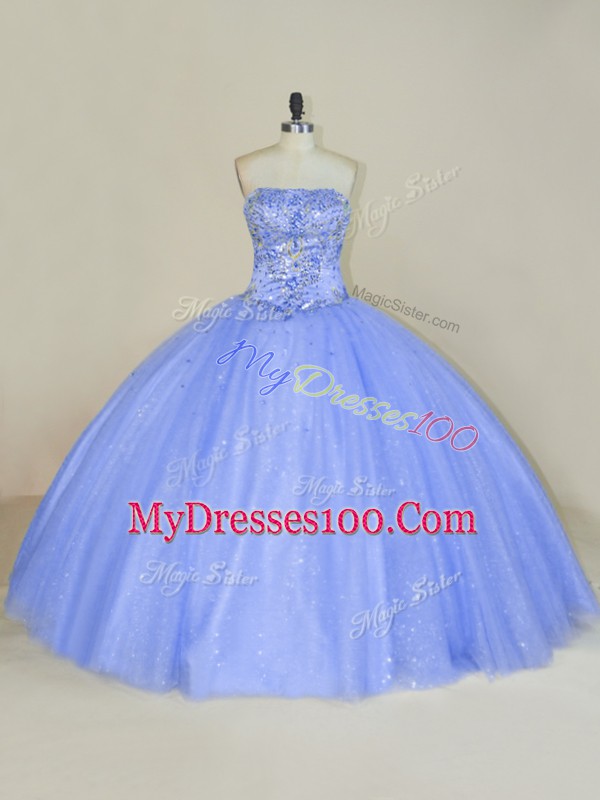 Glittering Lavender Ball Gowns Tulle Strapless Sleeveless Beading and Sequins Floor Length Lace Up 15 Quinceanera Dress