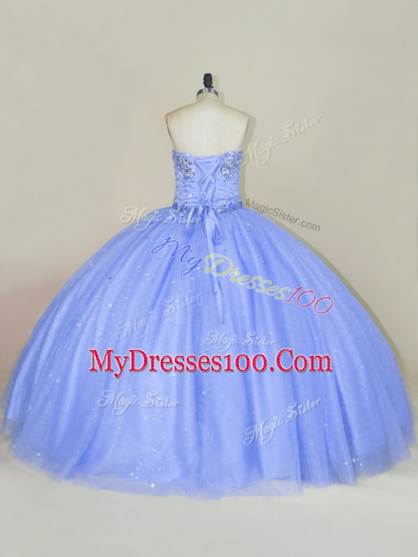 Glittering Lavender Ball Gowns Tulle Strapless Sleeveless Beading and Sequins Floor Length Lace Up 15 Quinceanera Dress