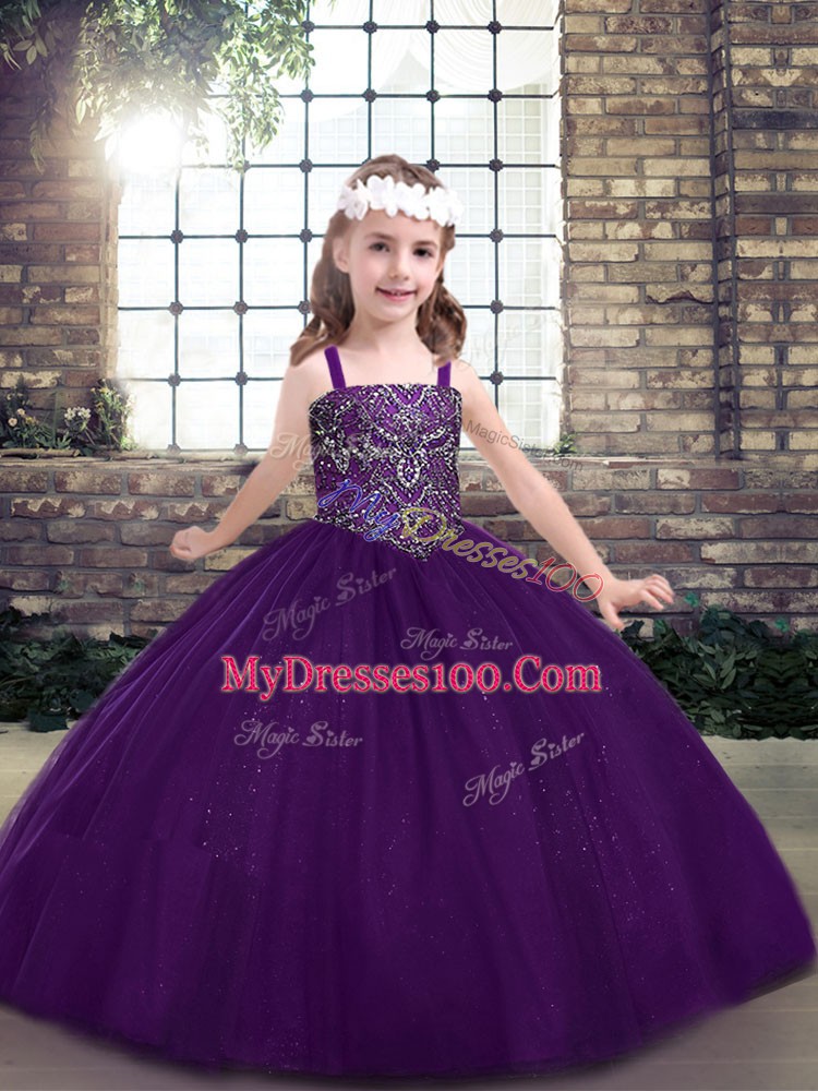 On Sale Eggplant Purple Little Girls Pageant Dress Wholesale Party and Military Ball and Wedding Party with Beading Straps Sleeveless Lace Up