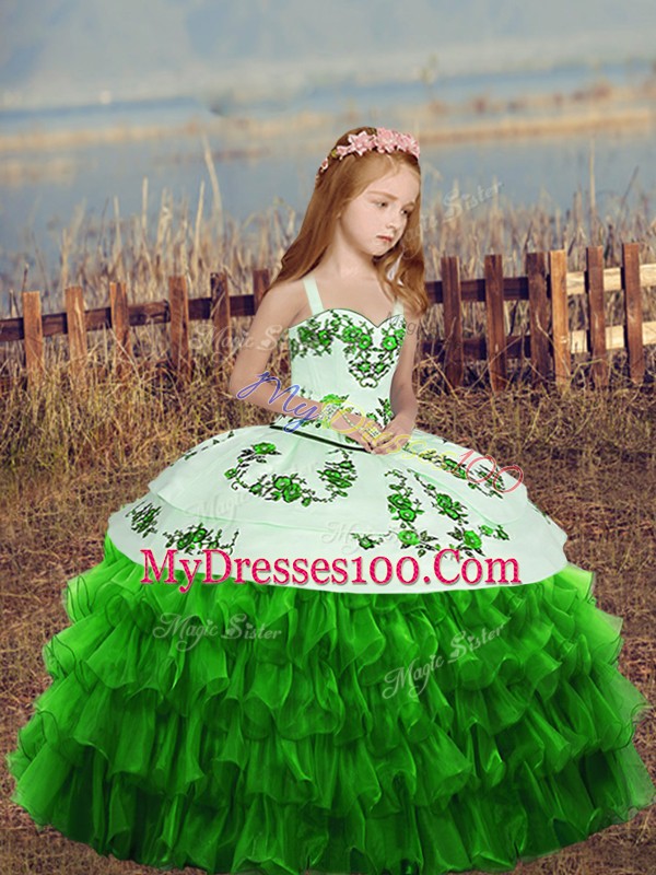 Straps Sleeveless Little Girls Pageant Dress Wholesale Floor Length Embroidery and Ruffled Layers Organza