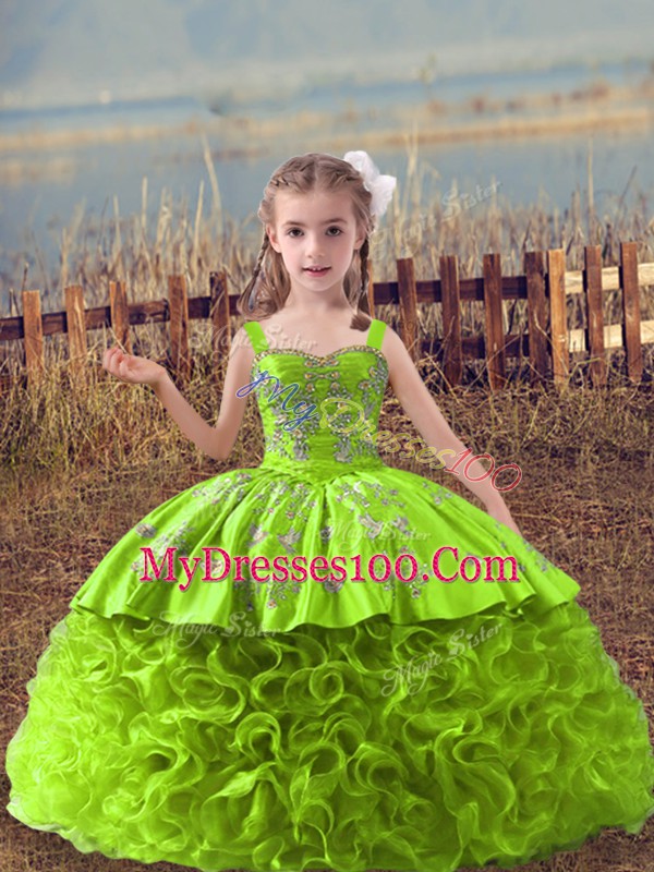 Best Straps Sleeveless Fabric With Rolling Flowers Kids Formal Wear Embroidery Sweep Train Lace Up