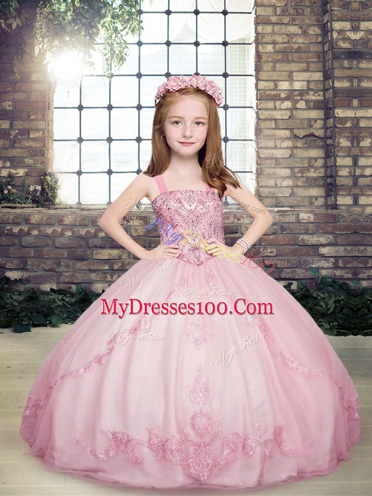 Hot Selling Sleeveless Floor Length Beading Lace Up Little Girl Pageant Gowns with Lilac