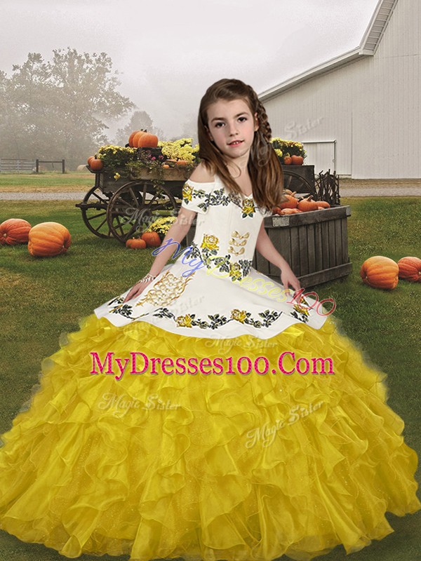 Gorgeous Floor Length Lace Up Pageant Gowns For Girls Gold for Party and Military Ball and Wedding Party with Embroidery and Ruffles
