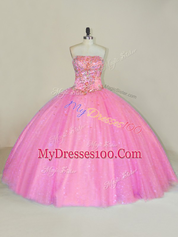 Most Popular Strapless Sleeveless Quinceanera Dress Floor Length Beading Pink Tulle
