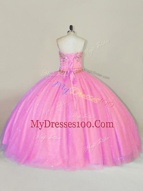 Most Popular Strapless Sleeveless Quinceanera Dress Floor Length Beading Pink Tulle