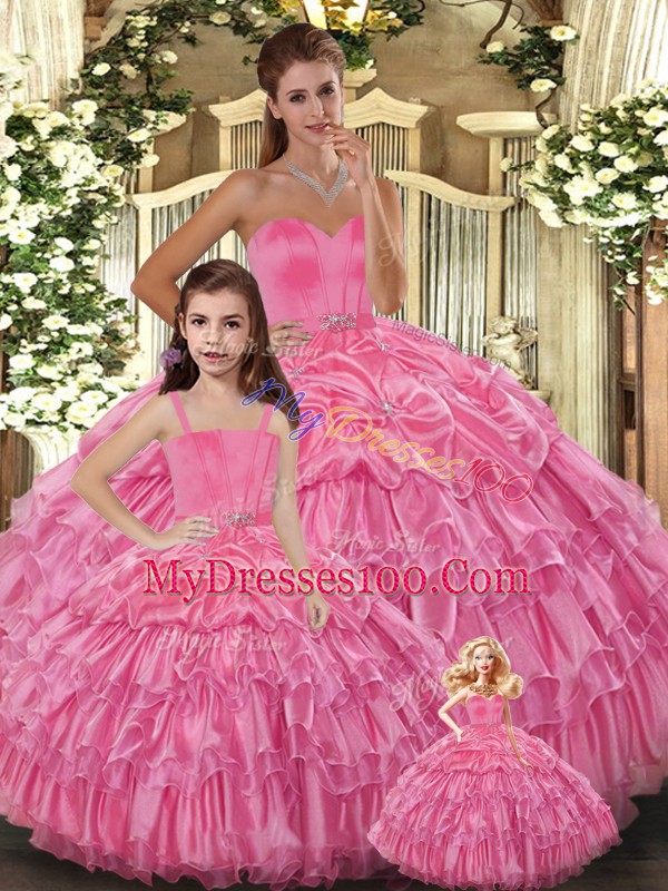 Gorgeous Sleeveless Floor Length Ruffled Layers Lace Up Sweet 16 Dress with Rose Pink