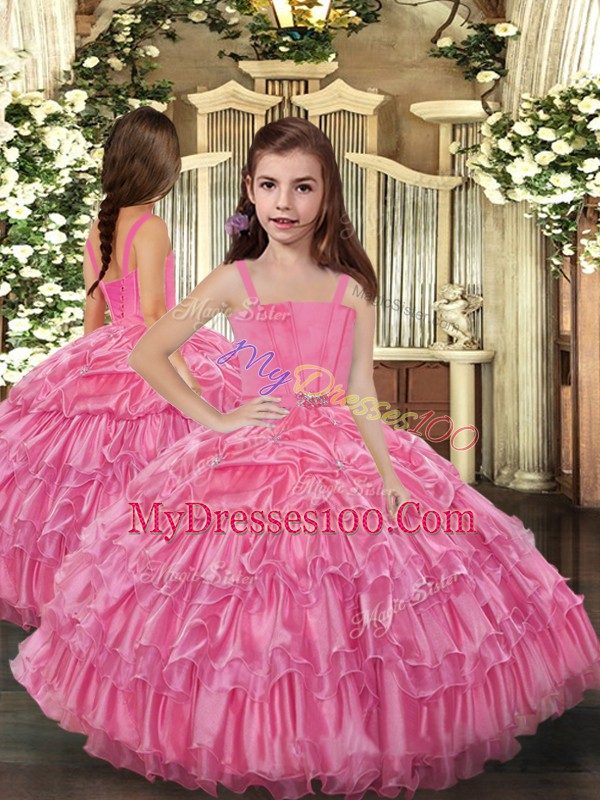 Gorgeous Sleeveless Floor Length Ruffled Layers Lace Up Sweet 16 Dress with Rose Pink