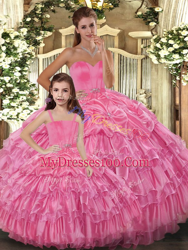 Gorgeous Sleeveless Floor Length Ruffled Layers Lace Up Sweet 16 Dress with Rose Pink