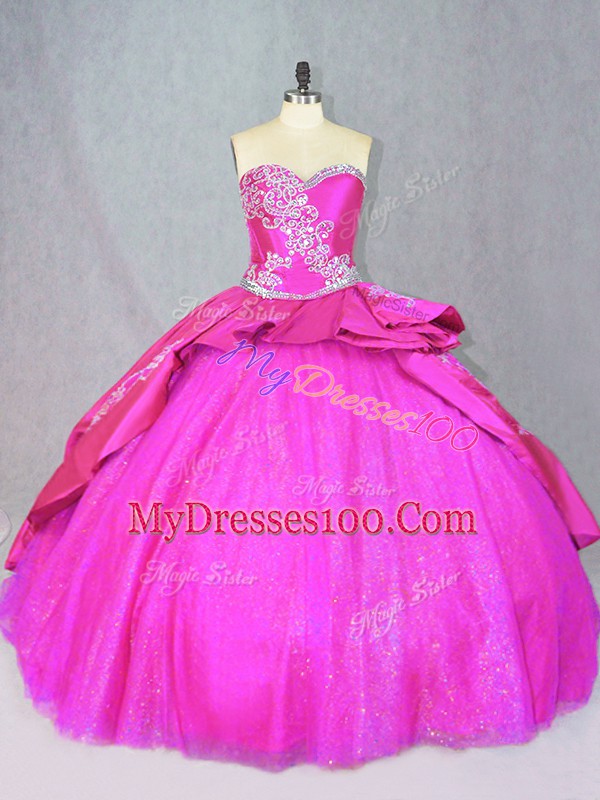 Hot Pink Sleeveless Court Train Beading and Embroidery Sweet 16 Dress