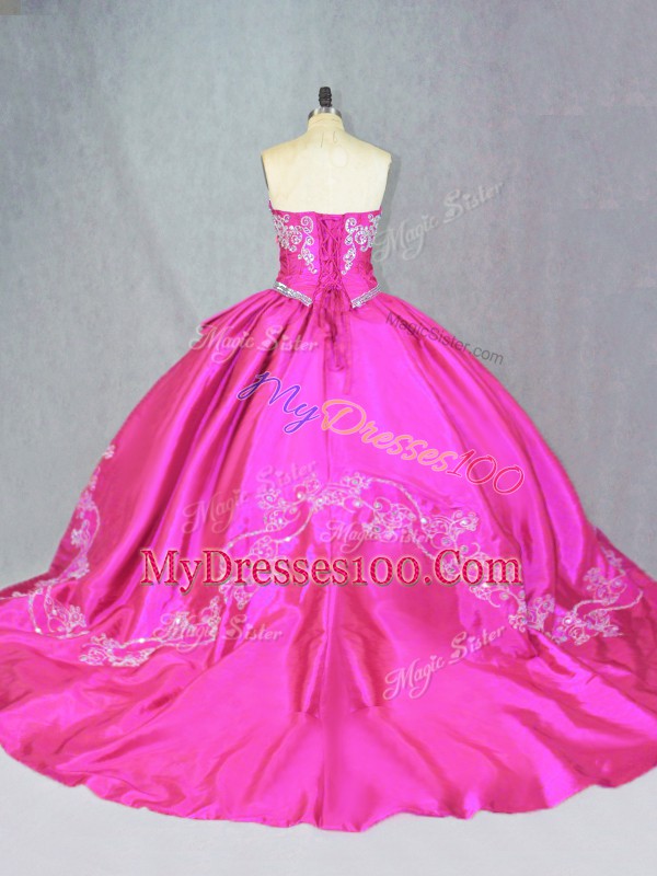 Hot Pink Sleeveless Court Train Beading and Embroidery Sweet 16 Dress