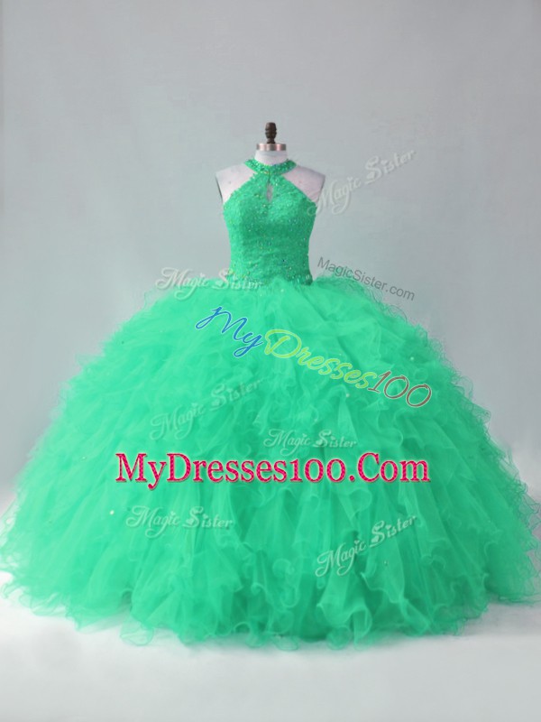 Perfect Turquoise Quince Ball Gowns Tulle Sleeveless Beading and Ruffles