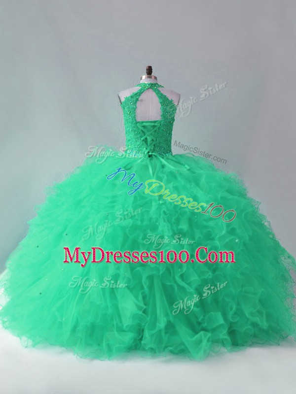Perfect Turquoise Quince Ball Gowns Tulle Sleeveless Beading and Ruffles