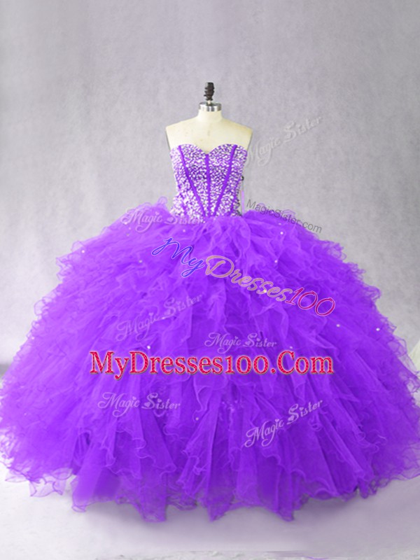 Purple Sleeveless Tulle Lace Up Ball Gown Prom Dress for Sweet 16 and Quinceanera