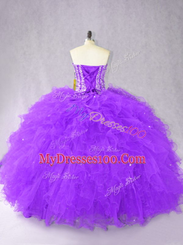 Purple Sleeveless Tulle Lace Up Ball Gown Prom Dress for Sweet 16 and Quinceanera
